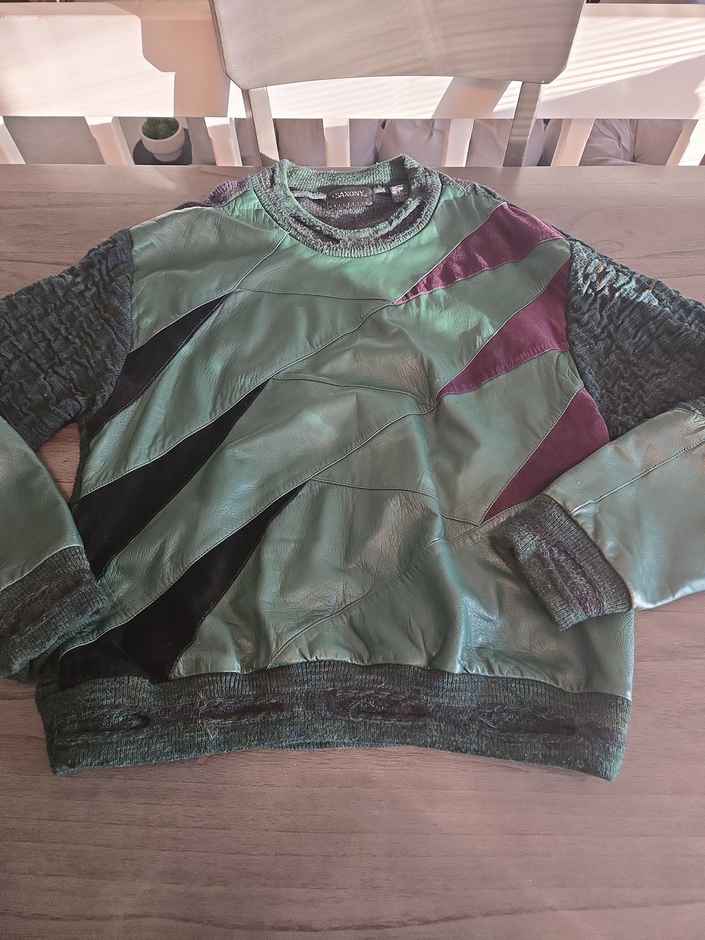 Vintage Saxony Genuine Leather Acrylic Coogi Style Retro Hip Hop  Sweater Large